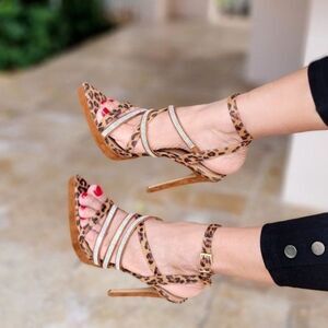 Women's Leopard Print Rhinestone Strappy High Heels